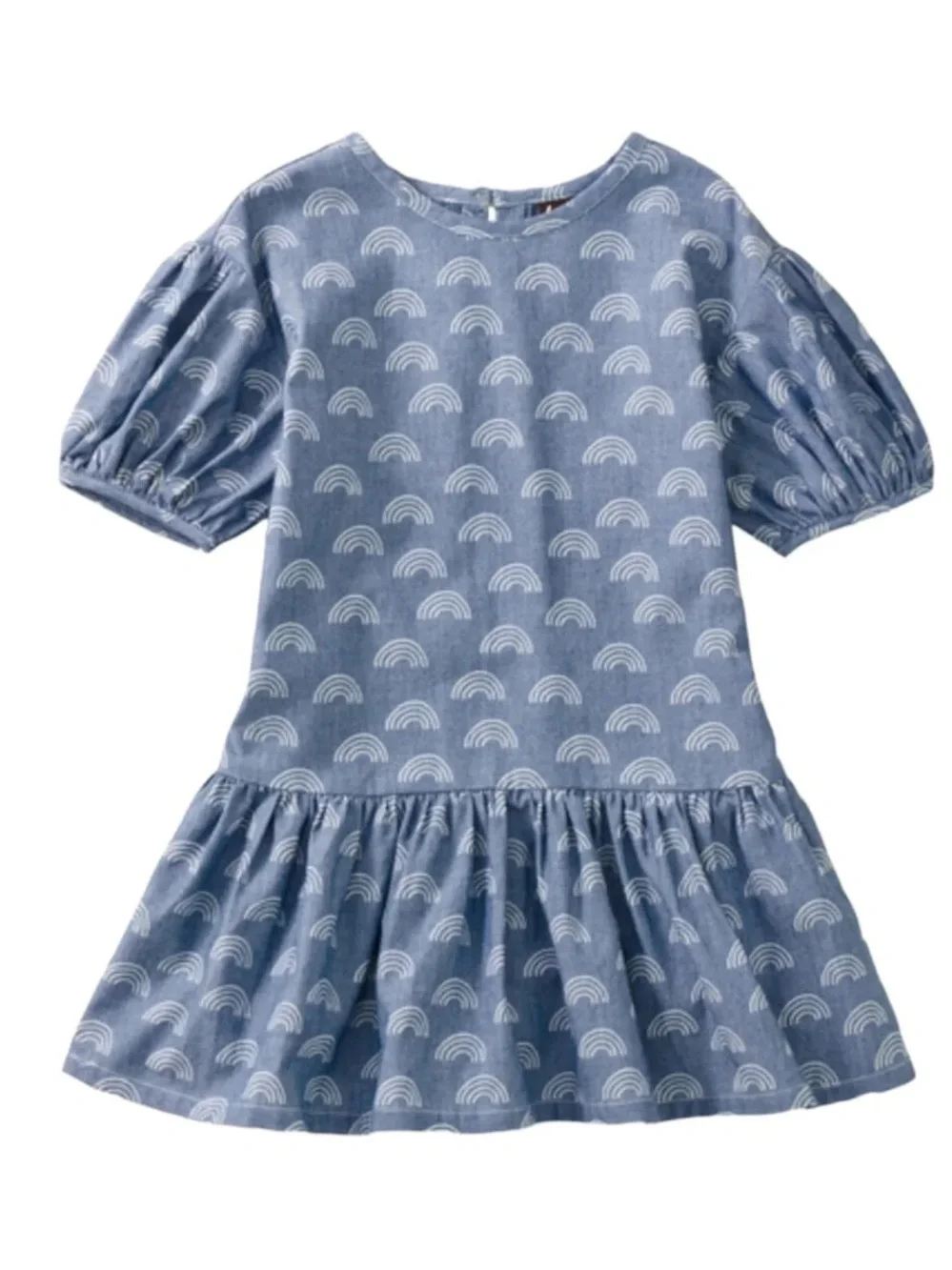 Tea Collection Girl’s Denim Blue Rainbow Puff-Sleeve Dress Size 7 100% Cotton